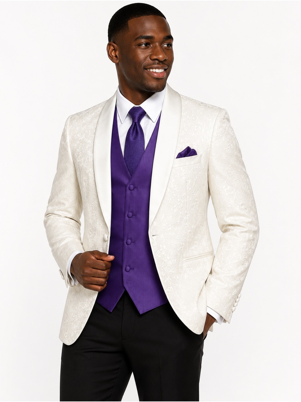 Sebastian Ivory Jacquard Tuxedo Jacket 46 Purple Vest Tie Wedding Prom Formal